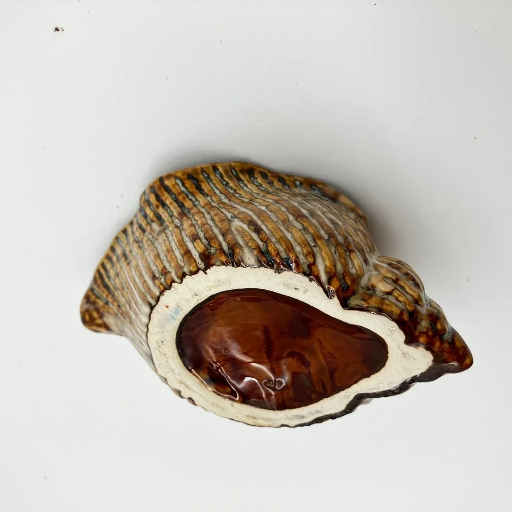 Vintage Ceramic Conch Shell Planter Vase 4.5in Brown Coastal Home Decor